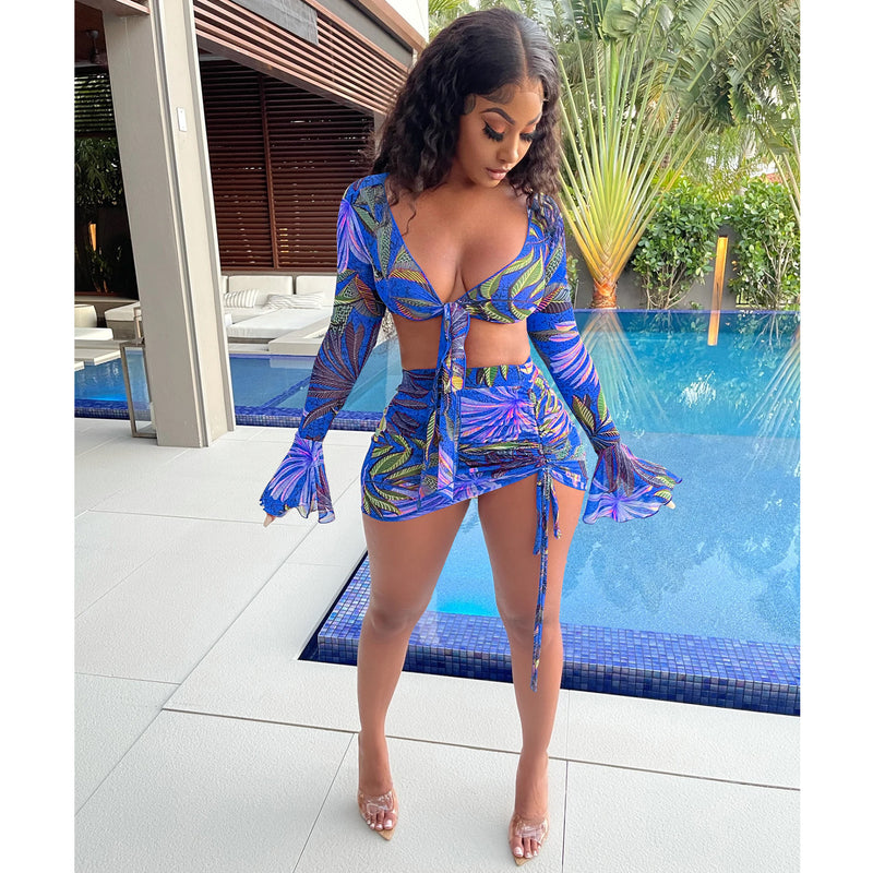 See through Pants Suit Fashion Digital Printed V-neck Tied Long Sleeves