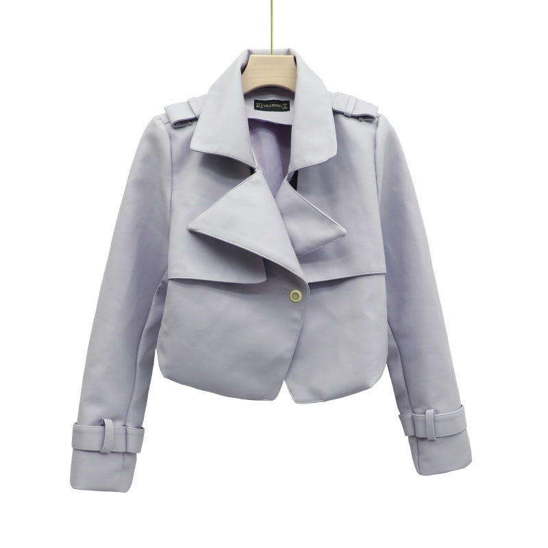 Women PU Leather Jacket Biker Motorcycle Coat Suit Collar Small Coat Autumn Short Temperamental PU Leather Coat