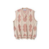 Men Sweater Vest Rhombus Jacquard Contrast Color Knitted Vest Men's Boyfriend Harajuku Style Loose V-neck Waistcoat Sleeveless Sweater