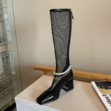 Nude Block Heel Peep Toe Mesh Zipper Sandal Boots