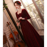 Burgundy Dresses For Wedding Autumn And Winter Long-Sleeved Red Wedding Evening Dress