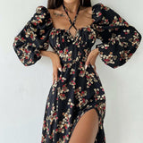 Emery Rose Dresses Long Sleeve Printed Halter Dress Puff Sleeve Split Dress