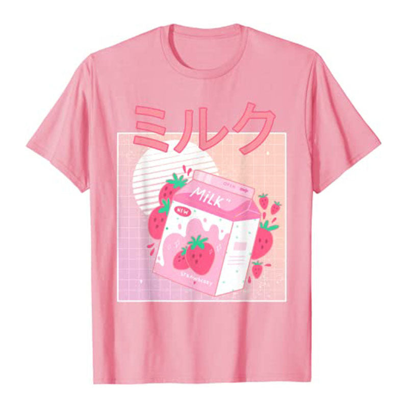 Oversized 90s T Shirt Fun Retro Cute Strawberry Milk Paper Box T-Shirt Women'S Short Sleeve Cotton