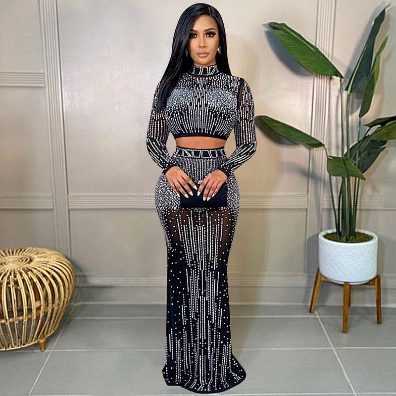 Party Pants Suits Fashion Sexy Nightclub Women's Clothing Mesh See-through Long Sleeve Dress Two-Piece Set