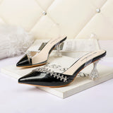 Nude Block Heels Closed Toe Sandals Transparent Rhinestone Women's Shoes
