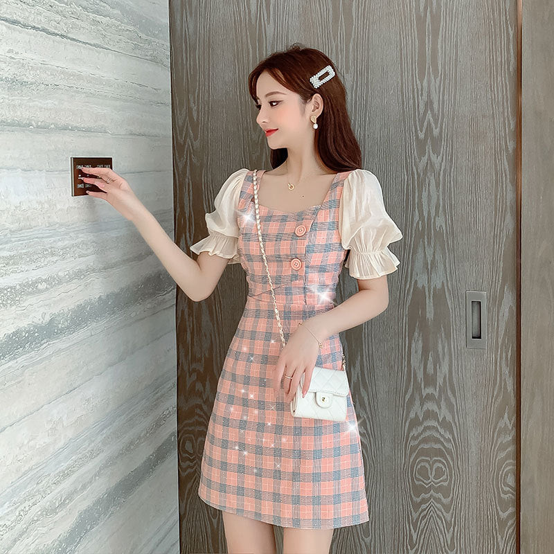 Gingham Dress Summer Dress Women's Bell Sleeve Plaid Sequined Short Sleeve Dress Women's Fashion