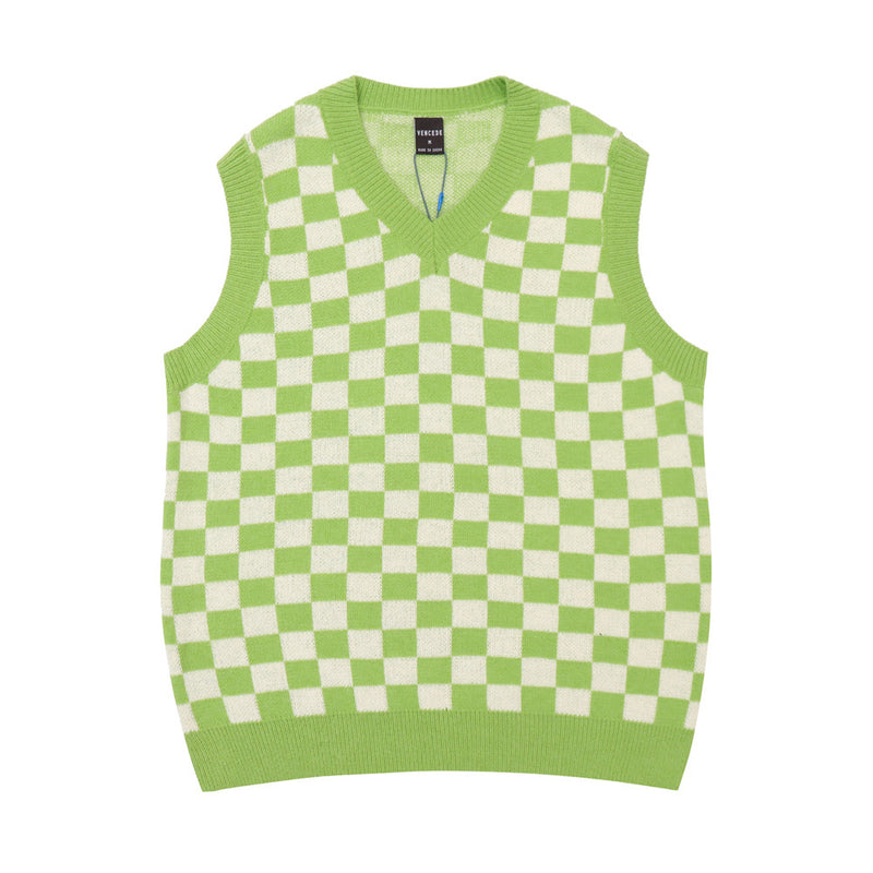 Men Sweater Vest Color Matching Plaid Sweater Vest Vest Men's Loose V-neck Sleeveless Waistcoat Sweater Coat