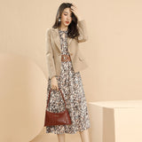 Emery Rose Dresses Autumn Crew Neck Floral Tight Waist Lace-up Dress