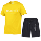 Balmain T Shirt & Sweatpant 2 Piece Set Men's Summer Casual Suit Printing Stylish Two-Piece Set