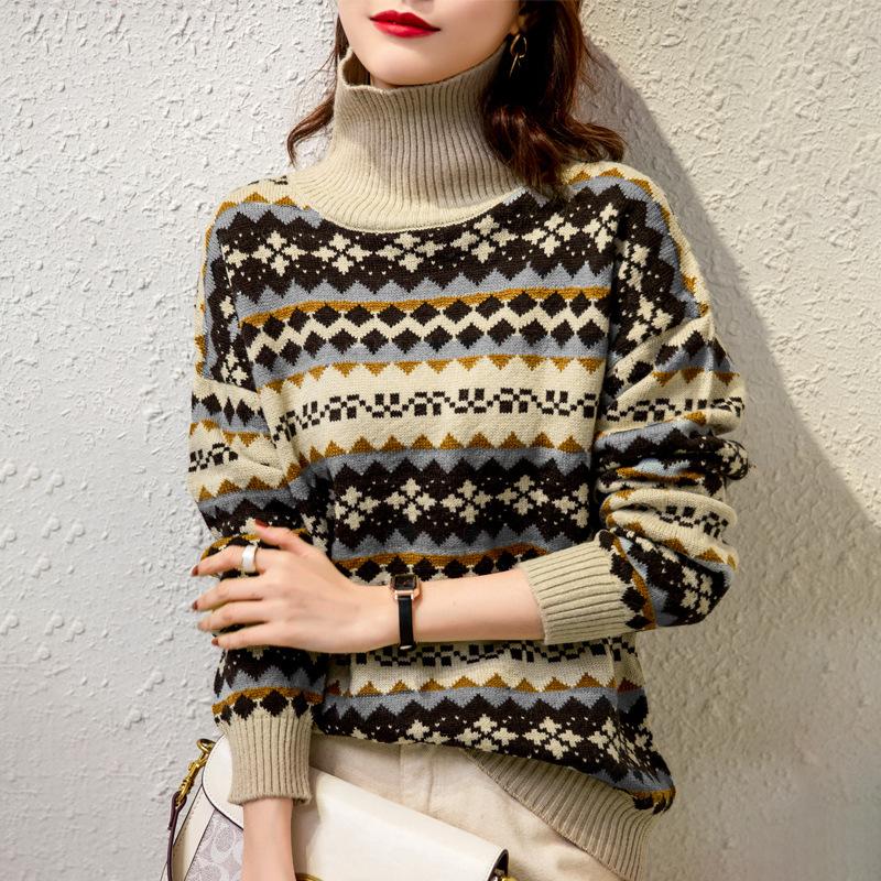 Fair Isle Sweater Cottagecore Outfits for Women Wool Sweater Fairisland Jacquard Thickened Sweater Turtleneck Sweater Loose