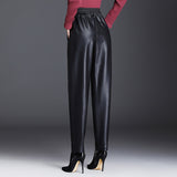 Brown Leather Pants Women's Elastic Waist Harem Pants Autumn and Winter Casual Pants