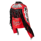 Women Leather Jacket Biker Motorcycle Coat Women's Printed Red Leather Short Slim Fit