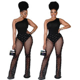 See through Pants Suit Women's Clothing Sexy Sheer Mesh White Dot Printed Milk Silk Black