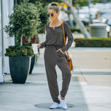 Women Fall Outfits Autumn and Winter Solid Color round Neck Slimming Long Sleeves Jumpsuit