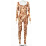 Winter Cute Drawing Water Pattern Printed Long Sleeve Tight Trousers Jumpsuit