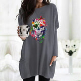 Skull Dress Casual round Neck T-shirt Women's Skull Printed Long Sleeve Loose Dress
