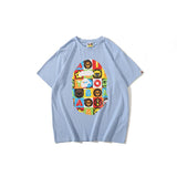 Shark Print T Shirt Printed Round Neck Casual Short Sleeve Multi-Color Blocks Ape Head T-Shirt