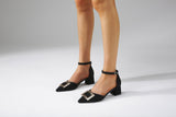 Nude Strappy Block Heels Autumn Square Buckle Thick Mid Heel Pointed Toe Large Size Shoes