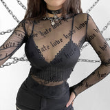 Women Rave Outfits Tops US Spring Printed See-through Long Sleeve T-shirt