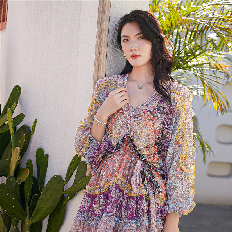 Emery Rose Dresses Printing Color Contrast Floral Stitching Lace Long Sleeve Heavy Industry Dress