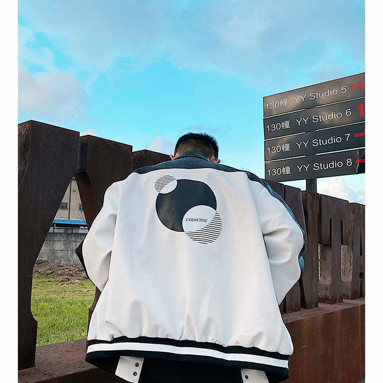 Cream Color Varsity Jacket PU Leather Jacket Coat