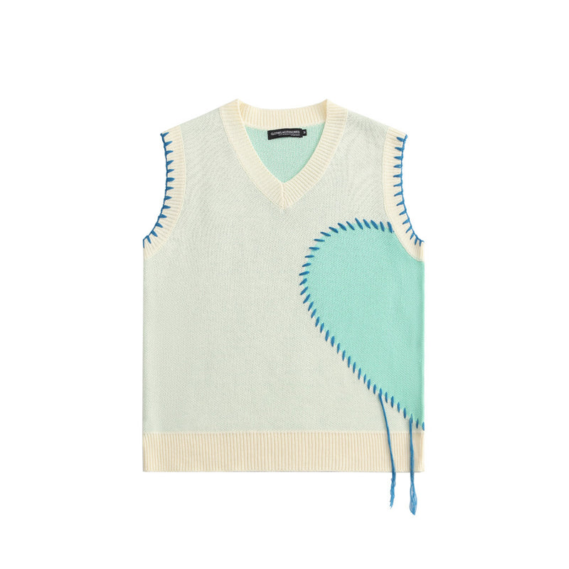 Men Sweater Vest Hand Stitching Color Matching Sweater Waistcoat Men's Loose V-neck Sleeveless Sweater Vest