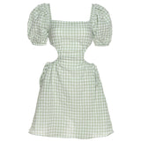 Gingham Dress Summer Fashion Trends Women's Bubble Sleeve Square Collar Hollow-out Loose Plaid Dress