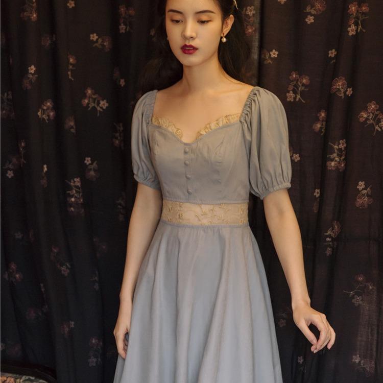 Women Retro Cottagecore Vintage Dress Summer Retro Puff Sleeve Square Collar Slimming Corset Long Dress
