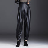 Brown Leather Pants Elastic Waist Harem Pants Autumn and Winter Casual Pants Thin Velvet High Waist Thin Baggy Pants