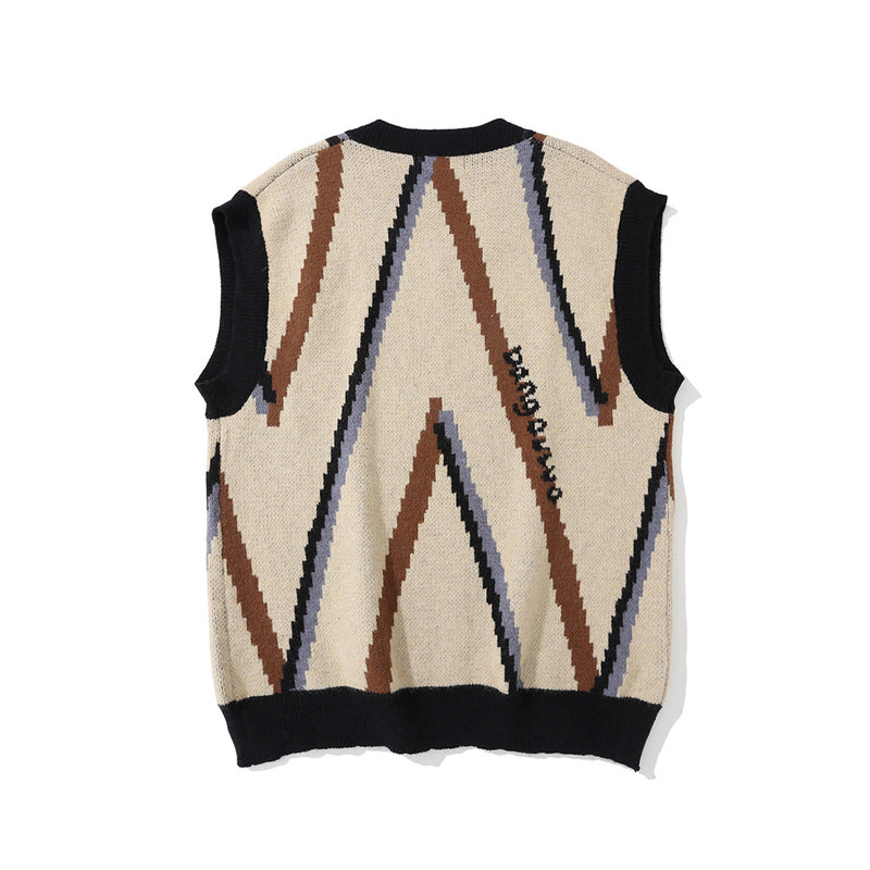 Men Sweater Vest Contrast Color Striped Jacquard Sweater Vest Vest Men's Loose V-neck Sleeveless Sweater Coat
