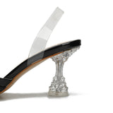 Nude Block Heels Closed Toe Sandals Transparent Rhinestone Women's Shoes