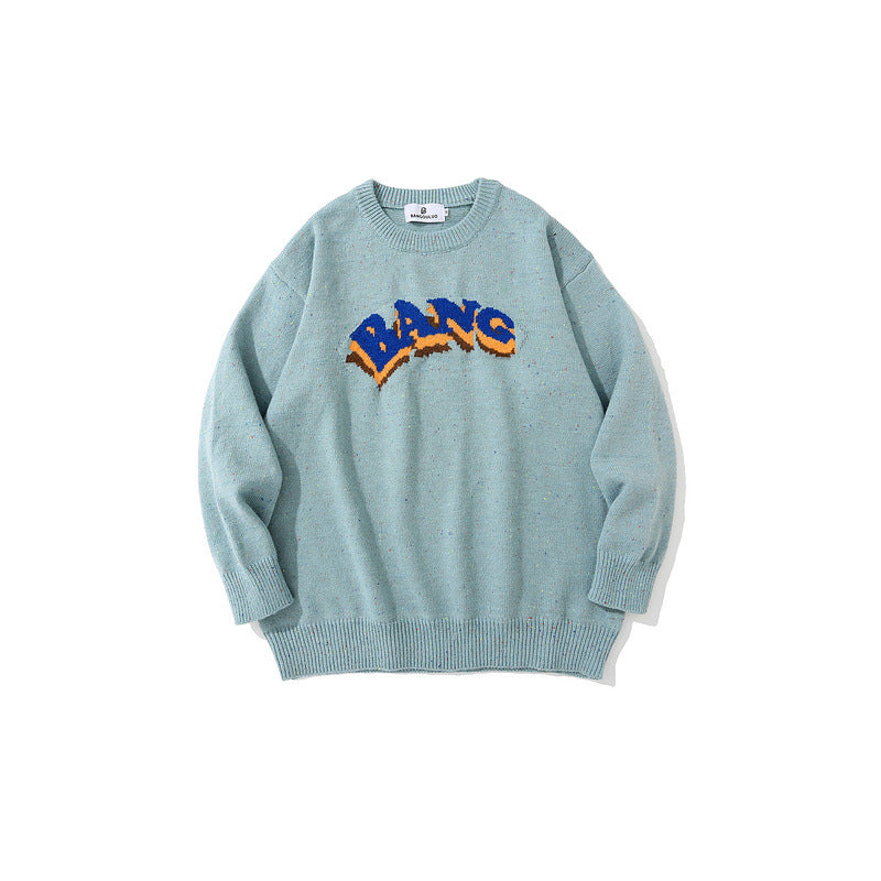 Mens Fall Outfits Retro Alphabet round Neck Knitted Jacket Oversize Pullover Sweater for Men and Women