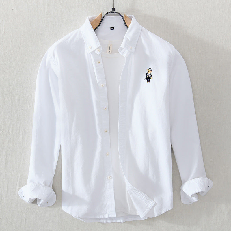 White Work Shirts Men's Casual Long-Sleeved Embroidered Square Collar Shirt
