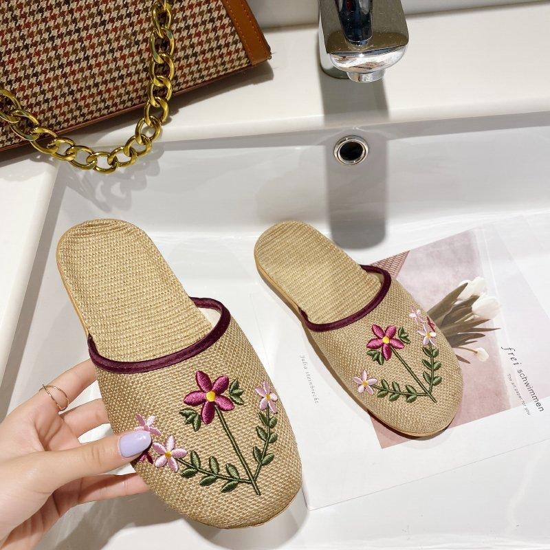 Women Open Toe Sandals Flats Summer Embroidered Linen Leisure Home Flat Slippers