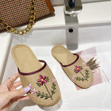Women Open Toe Sandals Flats Summer Embroidered Linen Leisure Home Flat Slippers