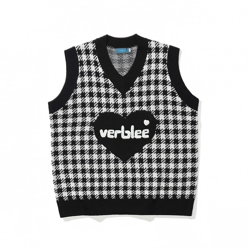 Men Sweater Vest Love Embroidered Plaid Knitted Waistcoat Men's Loose V-neck Vest Sleeveless Sweater Coat