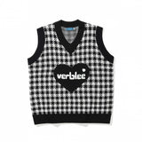 Men Sweater Vest Love Embroidered Plaid Knitted Waistcoat Men's Loose V-neck Vest Sleeveless Sweater Coat