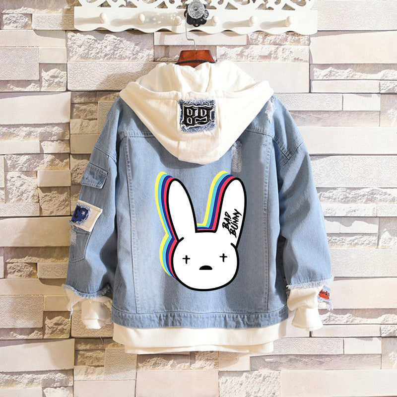 Comic Denim Jacket Bad Bunny Cartoon Printed Denim Spring and Autumn Men's Loose Jacket