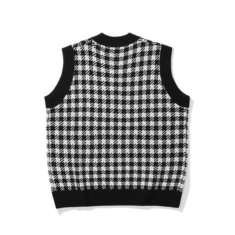 Men Sweater Vest Love Embroidered Plaid Knitted Waistcoat Men's Loose V-neck Vest Sleeveless Sweater Coat