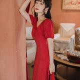 Women Retro Cottagecore Vintage Dress Square Collar Dres Slimming V-Neckline Short Sleeved Red Vacation Beach Dress