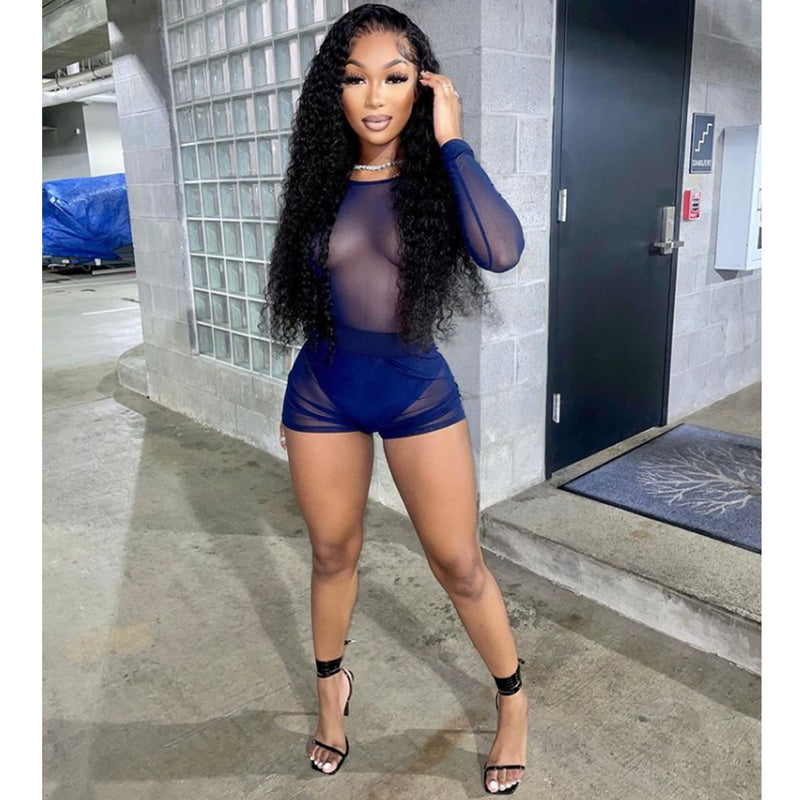 See through Pants Suit Sexy Pure Color Mesh See-through round Neck Long Sleeve Shorts Two-Piece Set for Women
