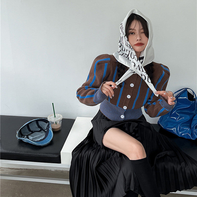 Preppy Aesthetic Sweater Spring Fashion round Neck Puff Sleeve Short Sweater Coat Knitted