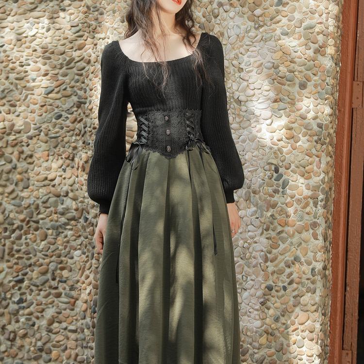High Waist with Straps Court Vintage Lace Stitching Skirt & Elegant Scoop Black Long Sleeve Sweater Cottagecore Outfit