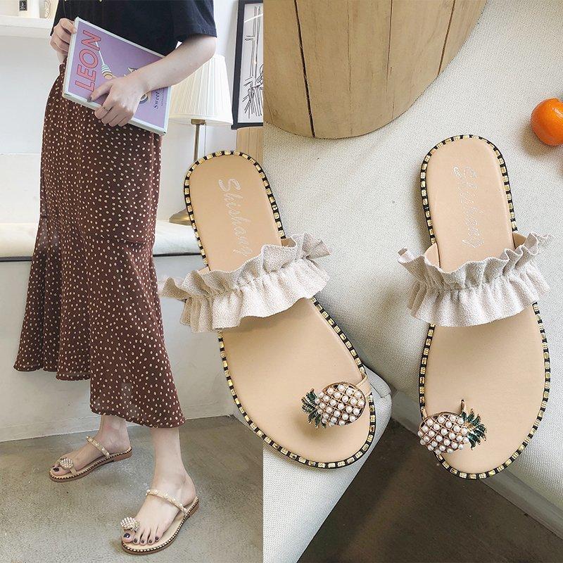 Women Open Toe Sandals Flats Pineapple Summer Pearl Rivets Flat Toe Ring Slippers