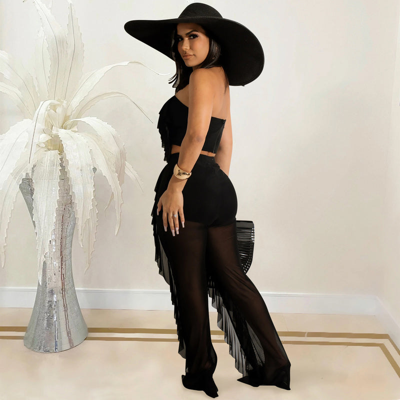 Party Pants Suits Pure Color Mesh See-through Pleated Vest Waist Pants Two-Piece Set for Women