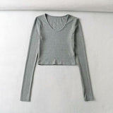 Women Fall Fall Five-Color Small V-neck Long Sleeve T-shirt Slim-Fit Crop-Top