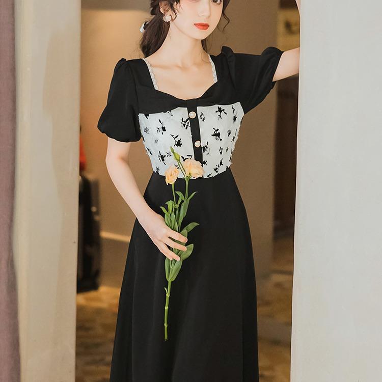 Women Retro Cottagecore Vintage Dress Early Spring Retro Black Summer Short Sleeve Square Collar Corset Slimming Chiffon Dress