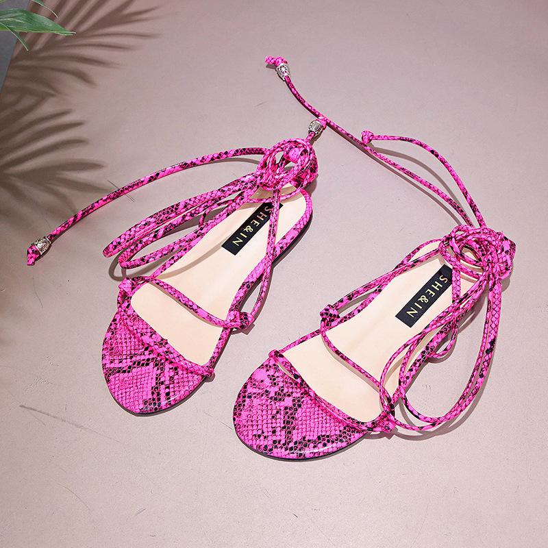 Women Open Toe Sandals Flats Large Size Summer Serpentine Sexy Fashion Lace-up Flat Floral Sandals