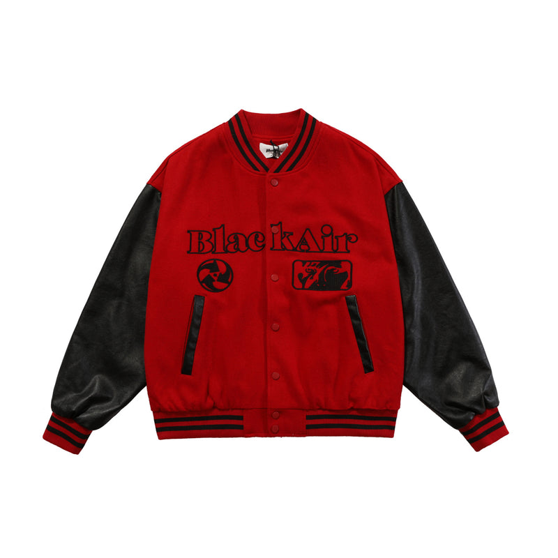 Red Varsity Jacket Blackair Autumn And Winter Embroidery Portrait Retro Color Matching Men 'S And Women 'S Baseball Jacket