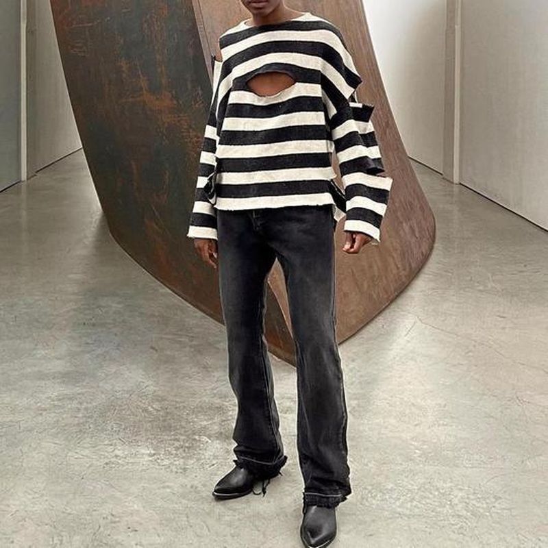 Rave Outfits Men Long Sleeve Shirt Sexy Cutout Loose Long-Sleeve T-shirt Sleeve Vintage